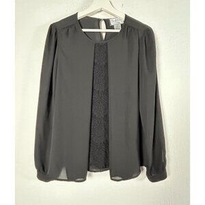 VTG Mary McFadden Collection Womens Lace Insert Blouse Size 12 Black Long Sleeve